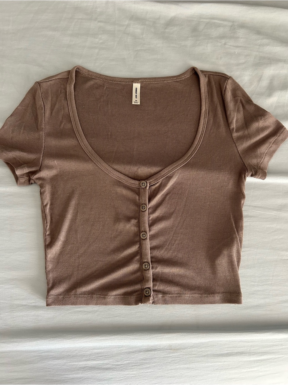 Aritzia Taupe Button-Front Ribbed Crop Top